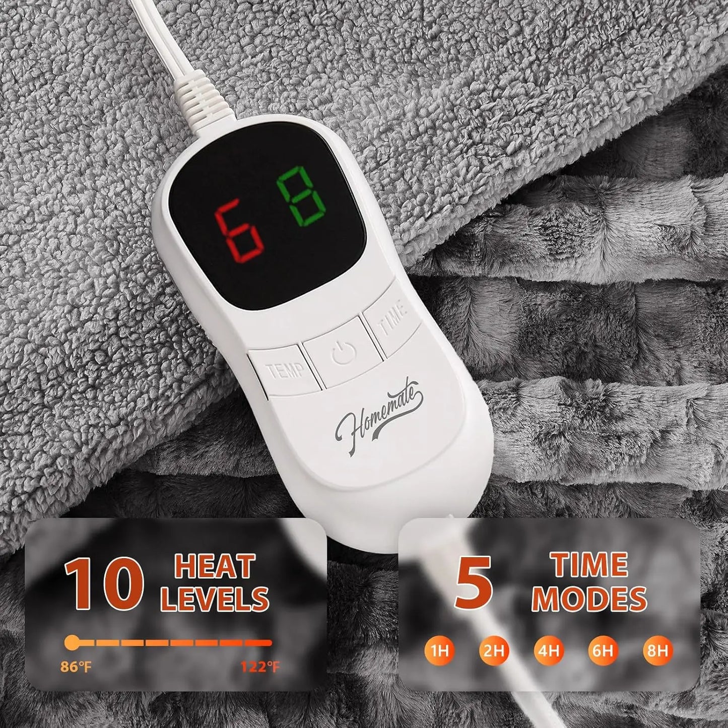 Electric Heated Throw Blanket 50x60 Inches, 10 Heat Levels, Auto-Off Timer, Overheat Protection, Faux Fur Sherpa