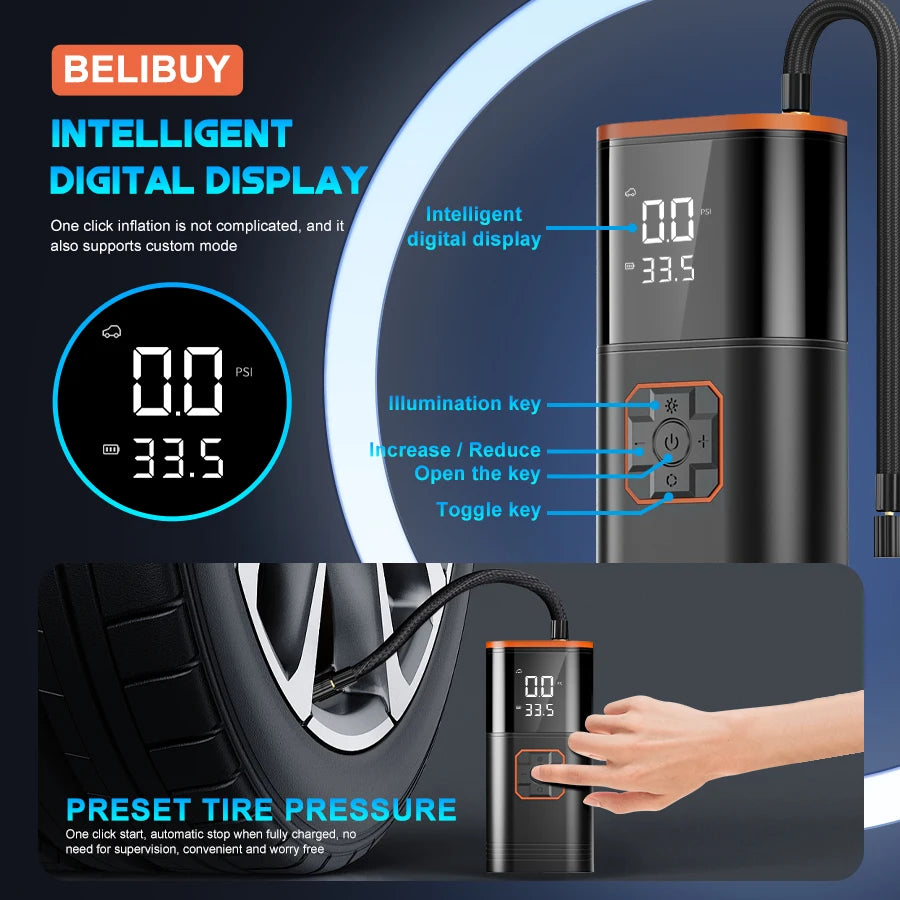 BELIBUY Car Air Pump Air Compressor Car Air Pump Car Tire Inflator USB Mobile Power Supply Suitable for Cars and Motorcycles