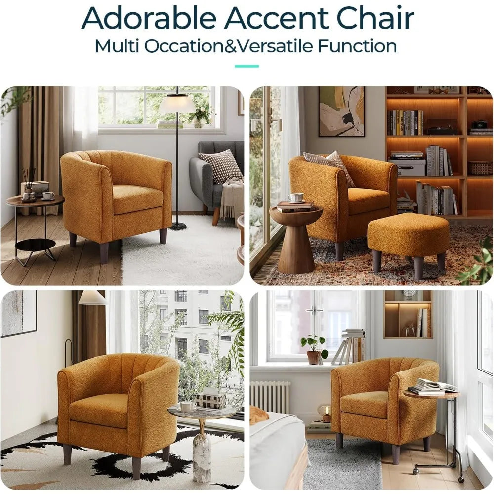Modern Chenille Accent Chair with Ottoman, Orange Barrel Armchair for Living Room Bedroom Office