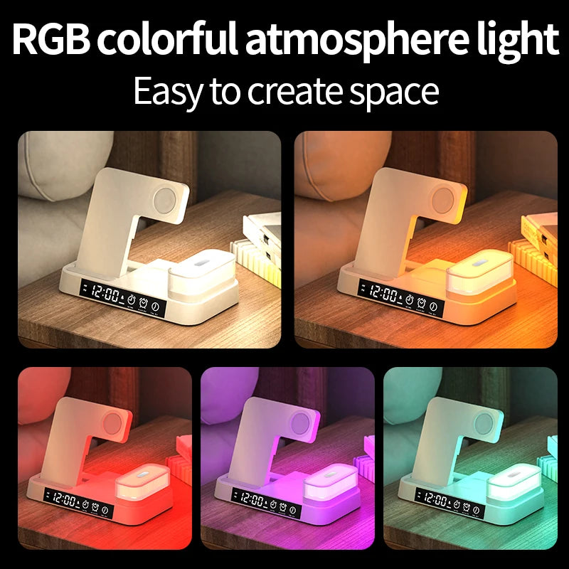 Multi-Function White Wireless Charging Dock with Time Display Alarm Clock And Nightlight Wireless Charger for Samsung Phones