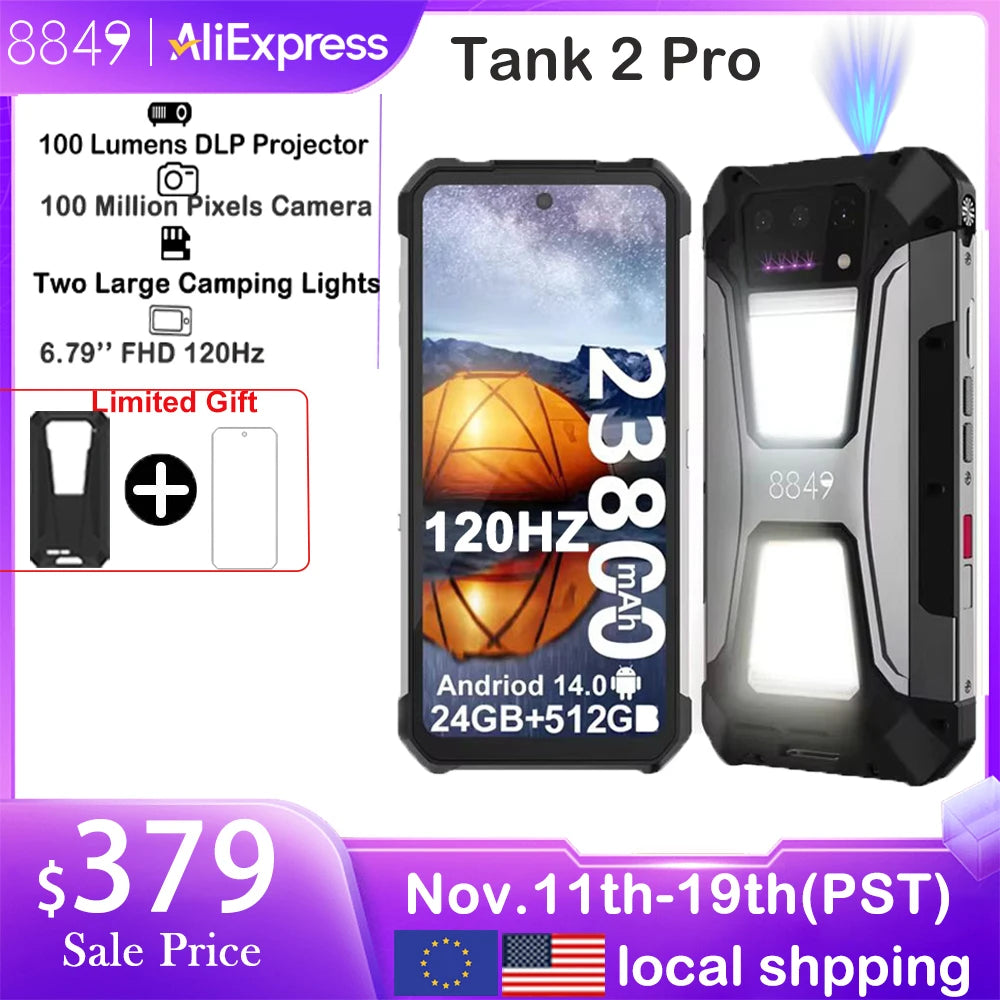 8849 Tank 2 PRO Unihertz Rugged Smartphone with Projector 16GB 256/256GB 23800mAh 120W Android 14 Phone 100MP Cell Phone