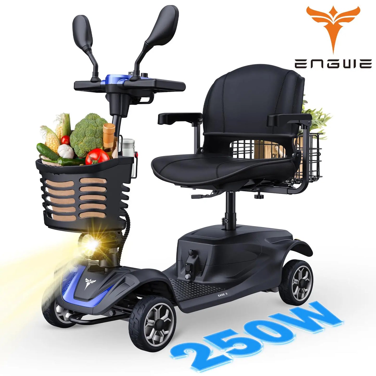 ENGWE 4-Wheel Mobility Scooter, 250W Motor, 5.6MPH, 24V 12Ah Battery, Dual Baskets, Foldable, Easy Control, Outdoor & Daily Use