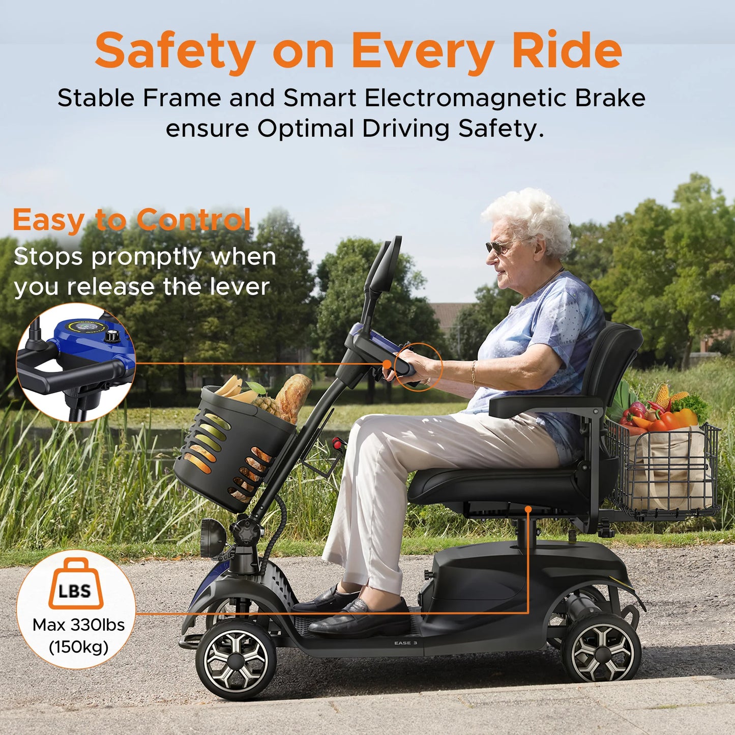 ENGWE 4-Wheel Mobility Scooter, 250W Motor, 5.6MPH, 24V 12Ah Battery, Dual Baskets, Foldable, Easy Control, Outdoor & Daily Use