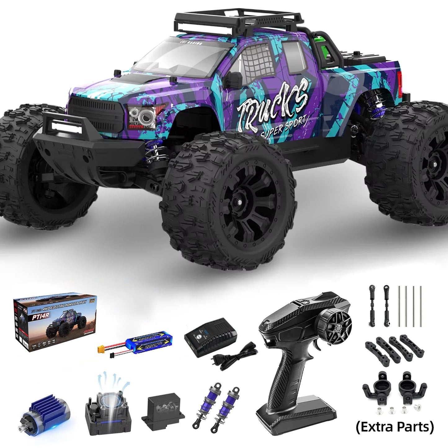 JIUSI PT14R 1/14 Brushless RC Car 4WD Remote Control Monster Truck 3S Battery 80KM/H High Speed Off-road RC Car for Aduit/Kids