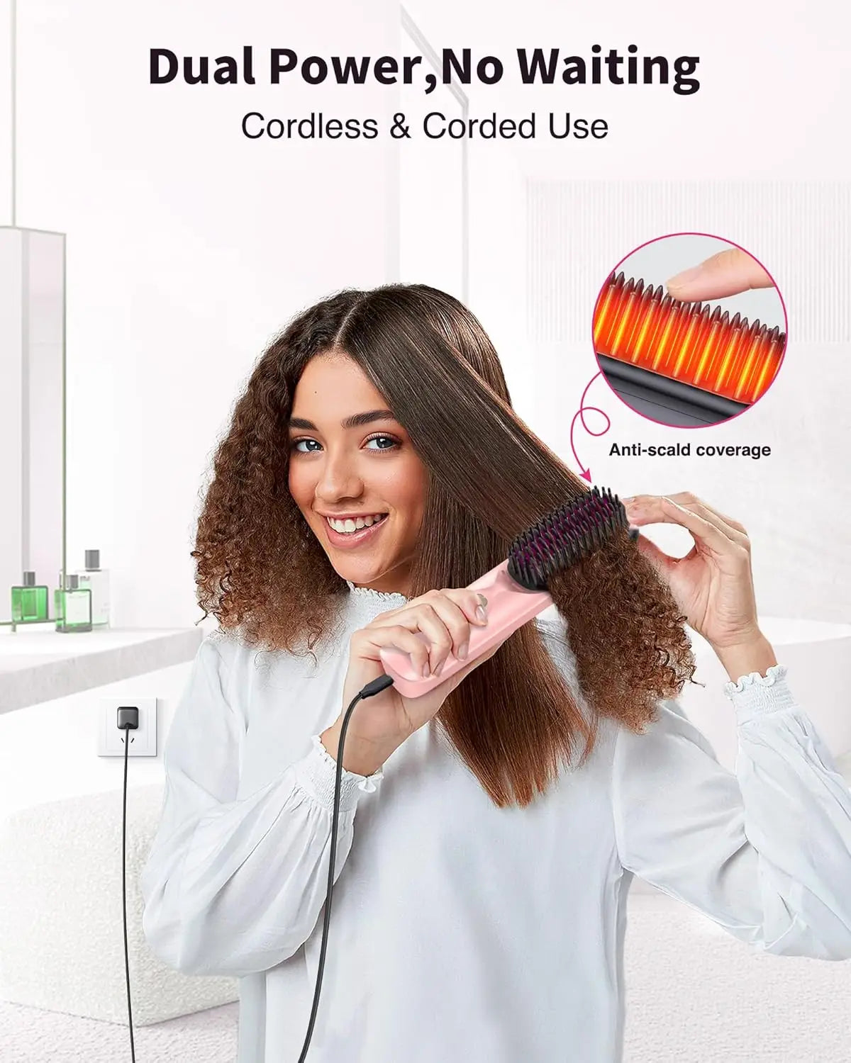Cordless Hair Straightener Brush 450°F Adjustable Temp 30s Fast Heating 10000mAh Travel Wireless Straightening Comb Adult Kids