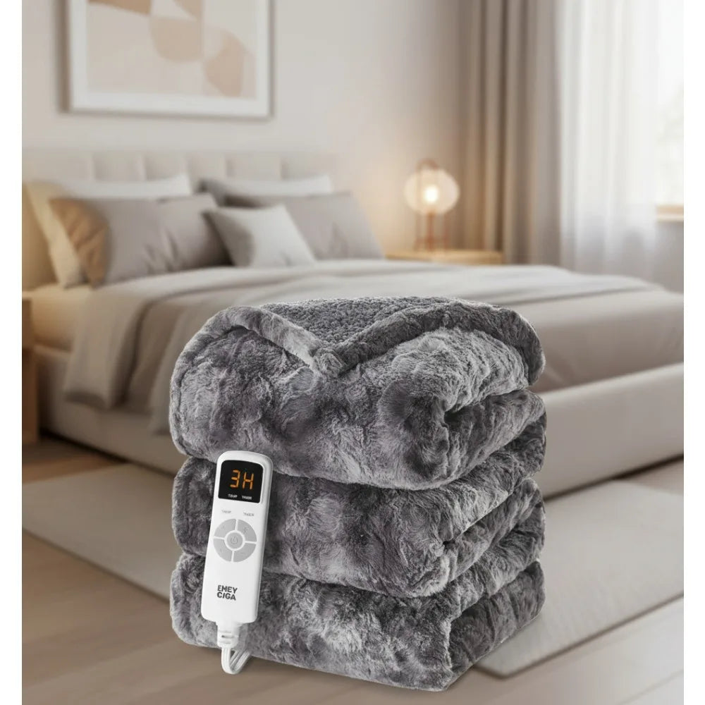 Electric Heated Blanket Throw with Faux Fur, 10-Hour Auto Shut Off, 9 Heat Levels, Fast Warming for Cozy Comfort