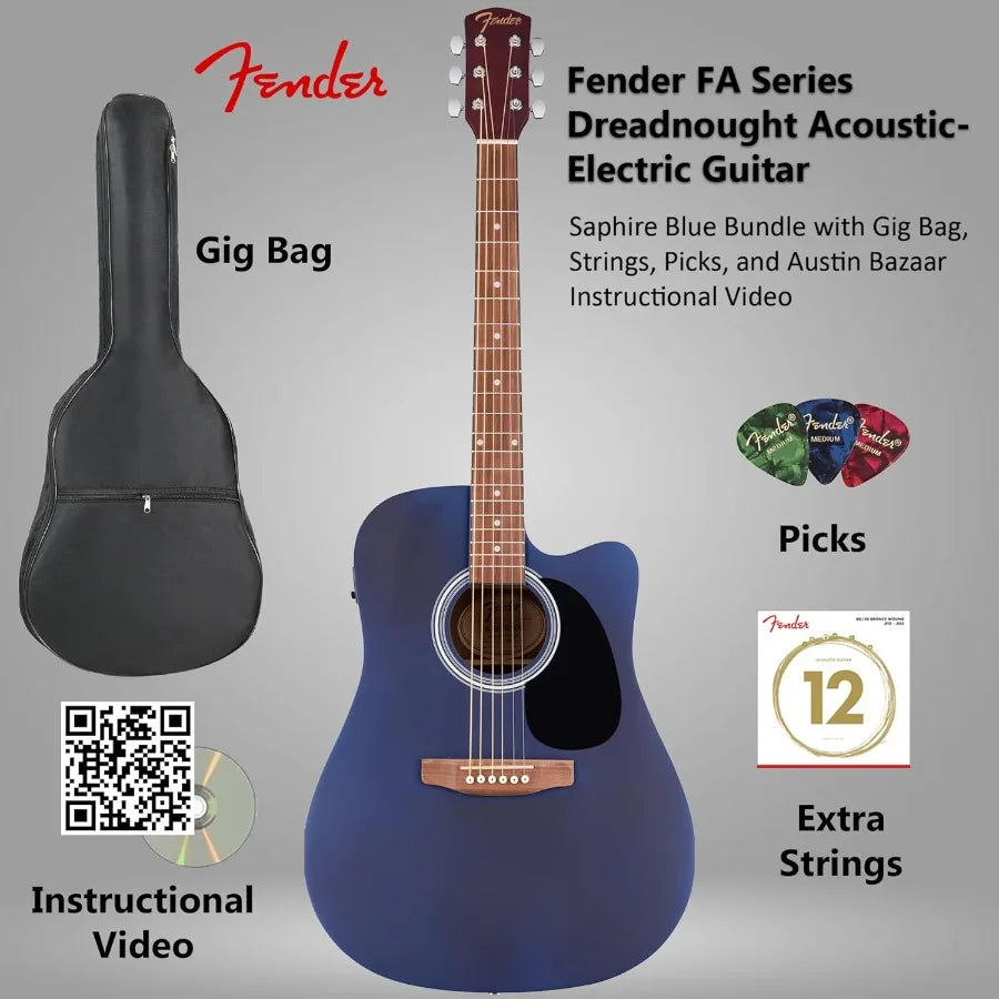 FA Series Dreadnought Acoustic-Electric Guitar in Saphire Blue with Gig Bag Strings Picks and Austin Bazaar Instructional DVD f