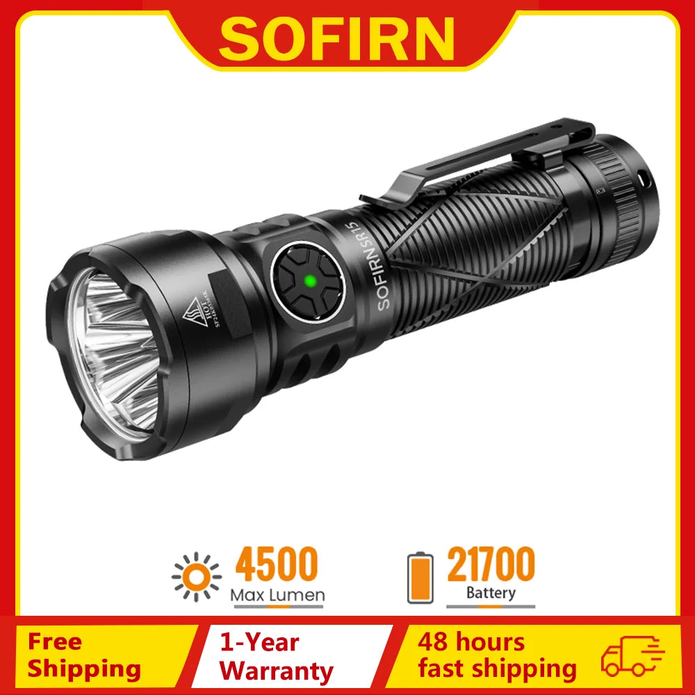 Sofirn SR15 Flashlight 4500LM SFT25R Powerful LED Light 21700 USB C Rechargeable 5V/3A Charge and Discharge Torch