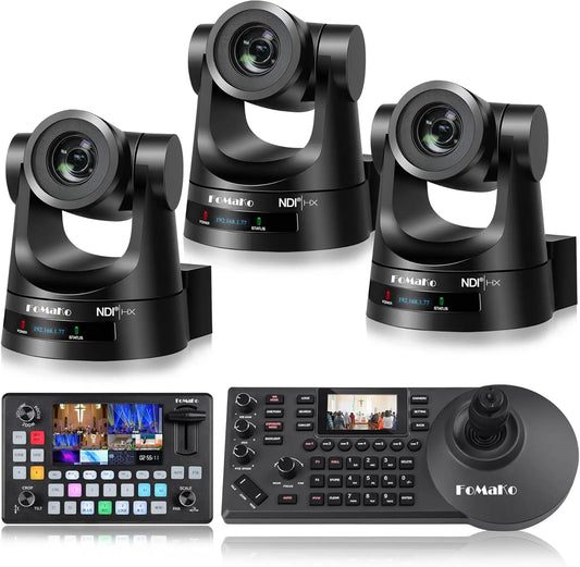 FoMaKo NDI 6 Camera 30X Optical Zoom NDI PTZ Camera HDMI(3pcs) +KC601 Pro Video Mixer Switcher+ KC608 Pro PTZ Controller