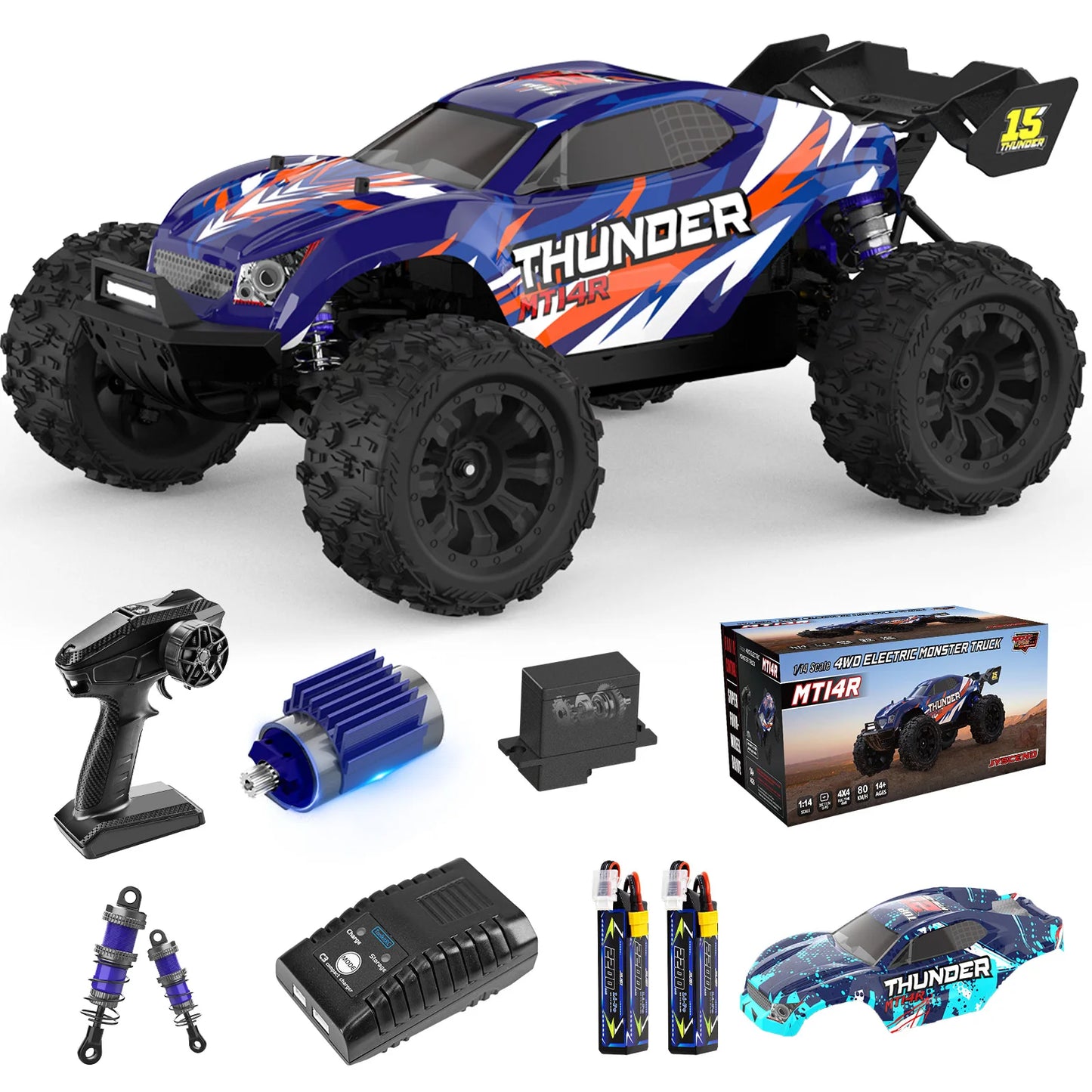 JIUSI MT14R 1/14 Brushless RC Car 25W Fast Charging 80KM/H High Speed Off-road Monster Truck 2.4G Remote Control Car Toy as Gift