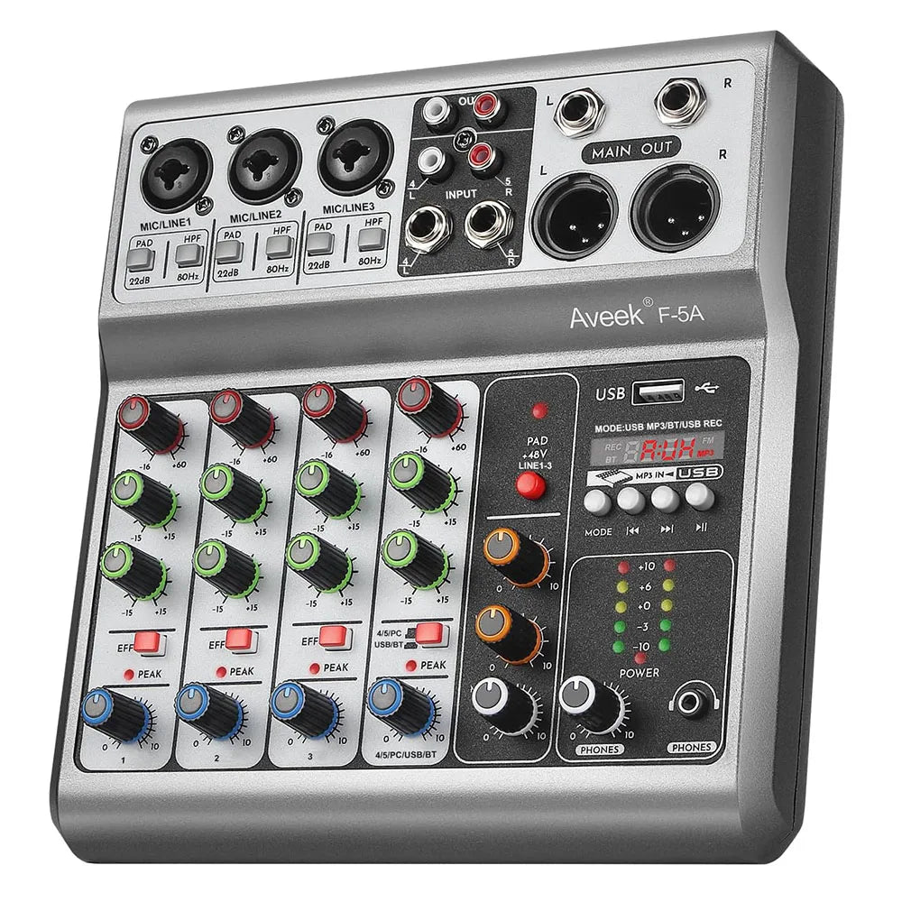 Aveek Professional Audio Mixer,Sound Board Mixing Console with 5Channel Digital USB Bluetooth Echo Delay Effect,Input 48V Stereo