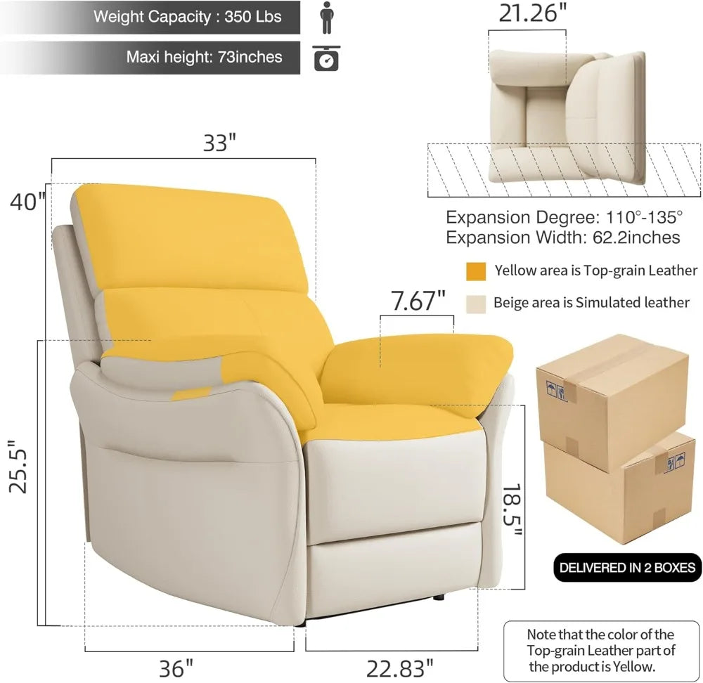 Genuine Leather Recliner Chair, Top Grain Italian Water-Washed, Lazy Boy Style for Living Room Theater Bedroom, Beige