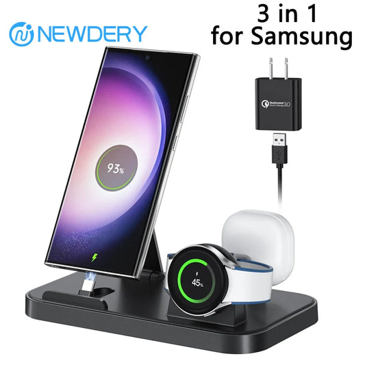 3 in 1 Charging Station for Samsung S25 S24 S23 Ultra S22 S20 S21 Wireless Charge Galaxy 5 4 3 Active 2 Watch