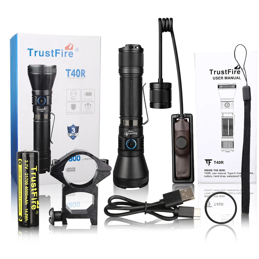 Trustfire T40R Army Tactical Led Flashlight 1800lumen 550meter Rechargeable 18650 Lamp With Usb Charging Self-Defense Ip68 Torch