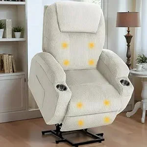 Massage Electric Power Lift Recliner Chair for Seniors with Corduroy Fabric, Cup Holders and Side Pockets