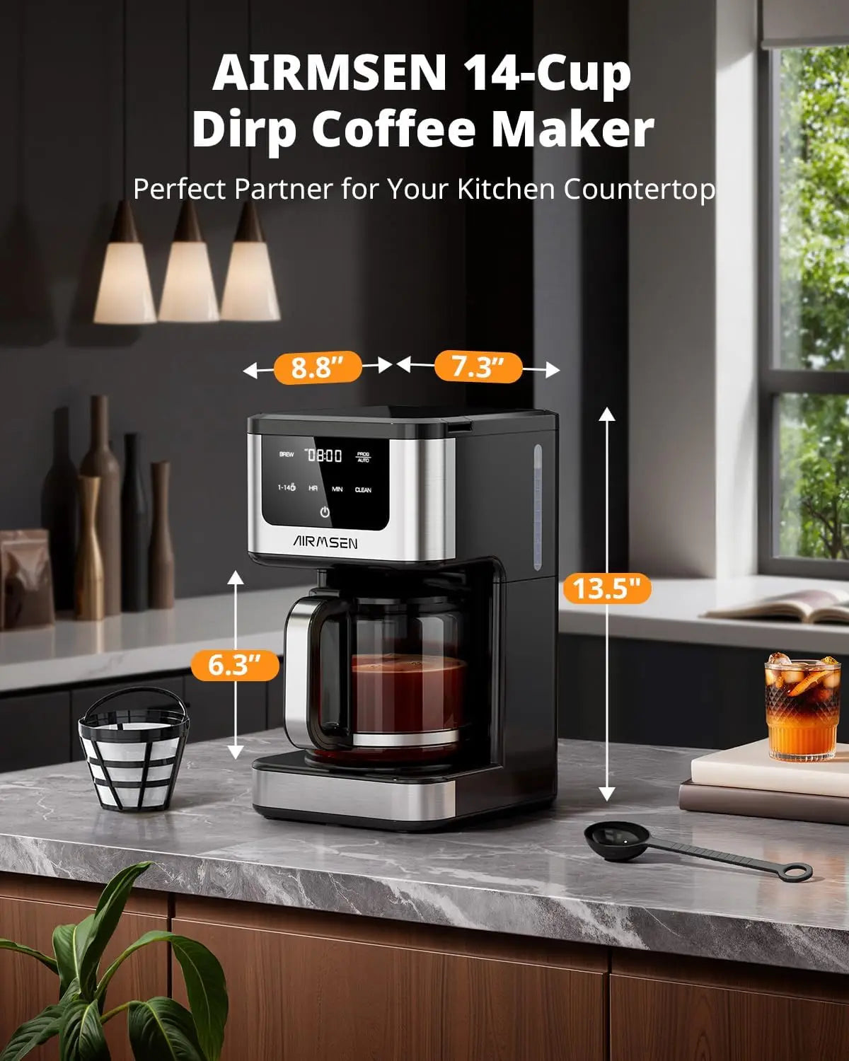 14-Cup Programmable Drip Coffee Maker – 1000W Fast Brewing with Timer, Delay Start, 2H Keep-Warm, 73oz Tank, Touchscreen