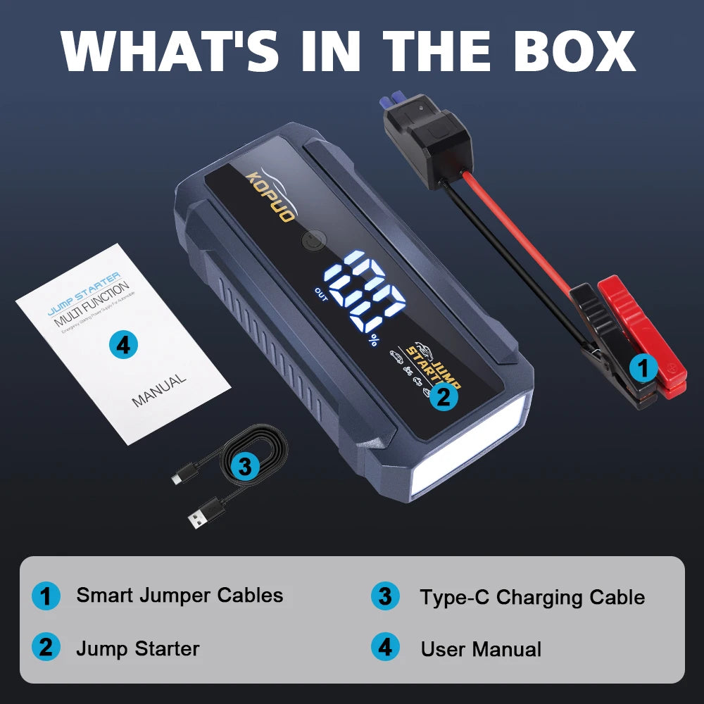KOPUO 2000A Car Jump Starter Power Bank Portable Emergency Booster 12V Auto Starting Device for 8.0L Gas/6.0L Diesel Engines
