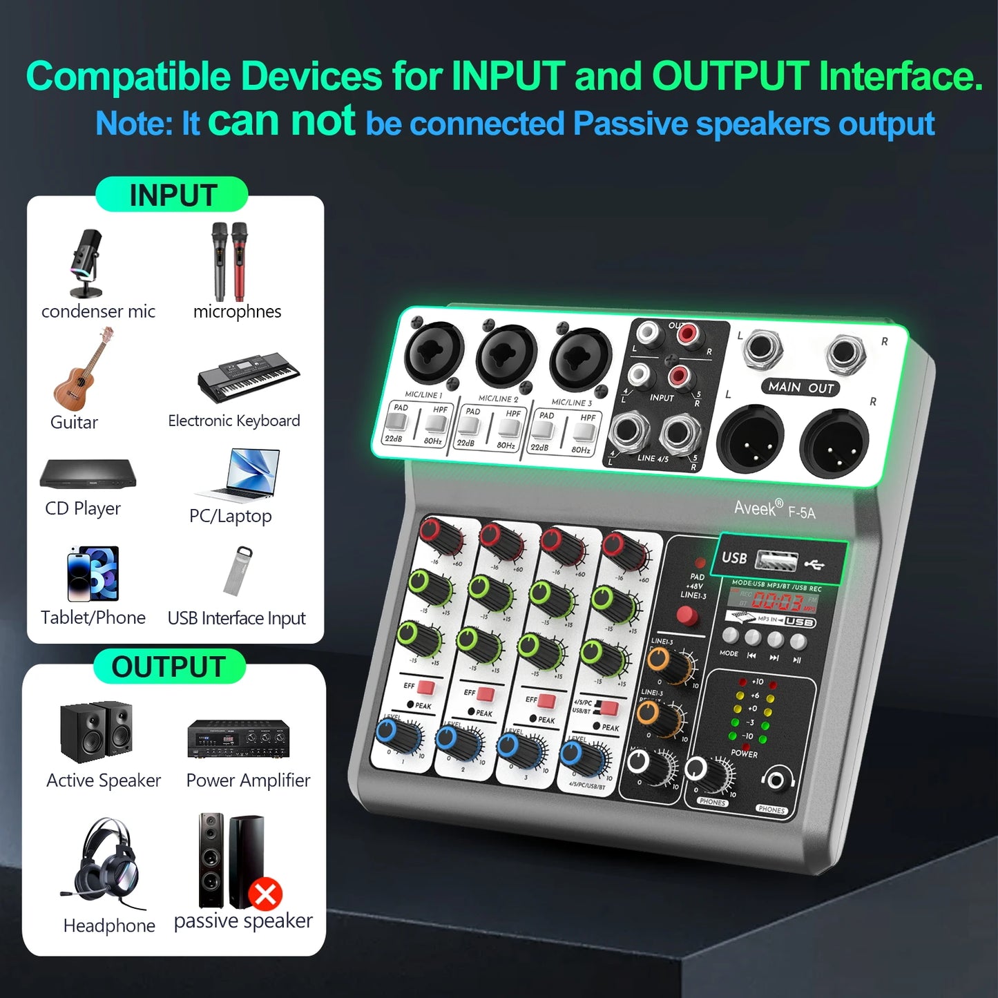 Aveek Professional Audio Mixer,Sound Board Mixing Console with 5Channel Digital USB Bluetooth Echo Delay Effect,Input 48V Stereo