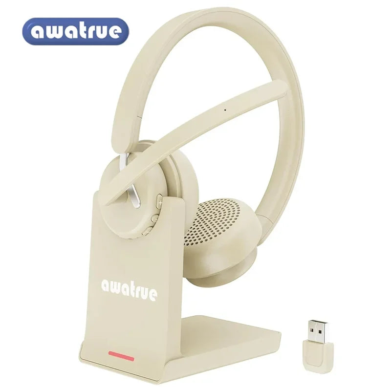 AWATRUE EH11 Wireless Bluetooth Headset with Charging Base AI Noise Cancelling Mic 2.4GHz Wireless Headphone with USB Dongle