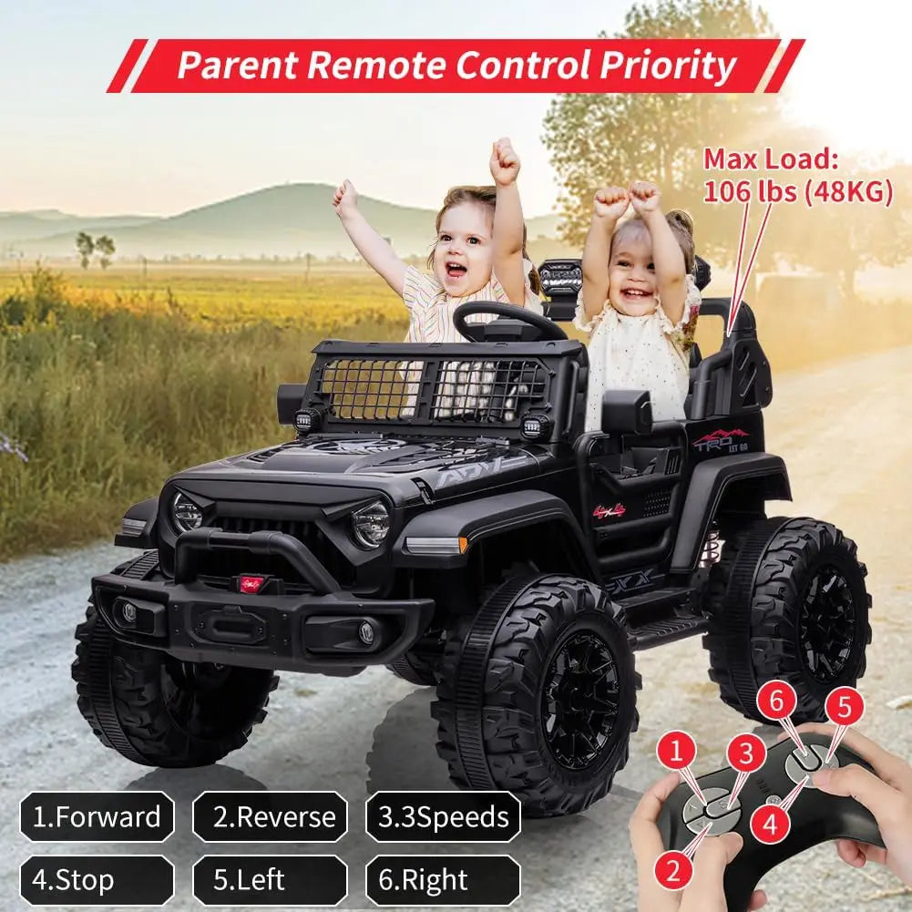 2 Seaters Kids Ride On Truck with Remote Control, 24V 9Ah 20" Large Seat 15.5" Wheels,Electric Riding Car with Led Light Music