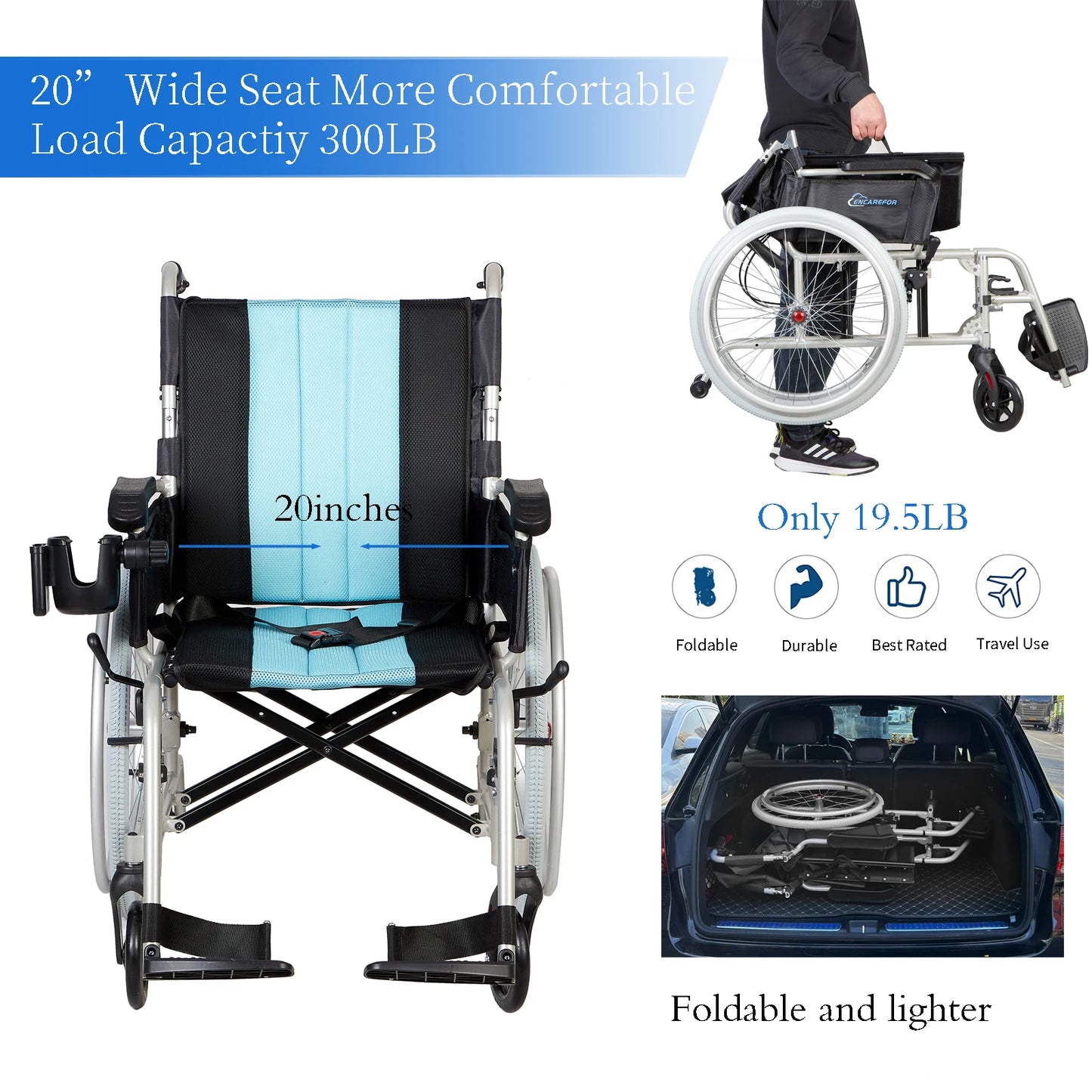 5.8KG Magnesium Ultra Lightweight Wheelchair, 20" Wide Seat Wheelchair for Adults, Foldable Portable  Self-propelled Wheelchair