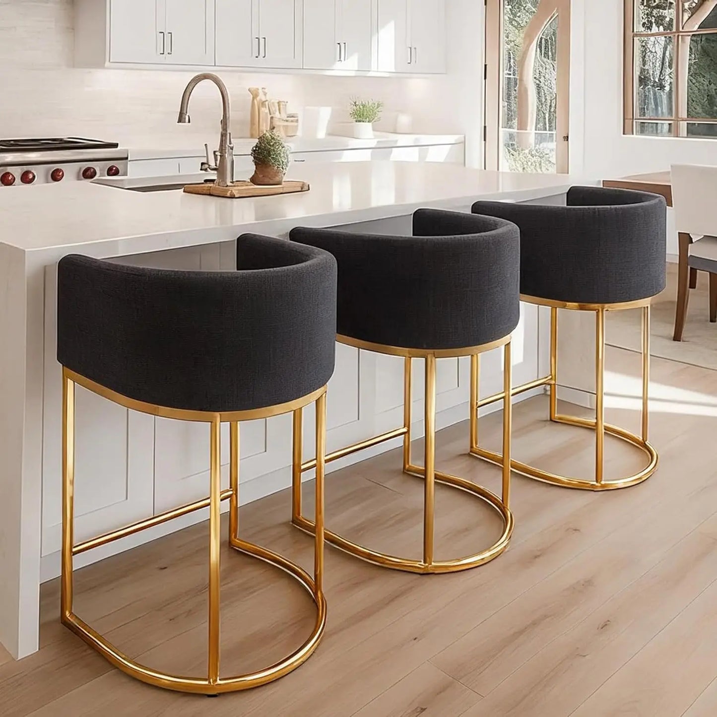 Modern Counter Height Linen Fabric Upholstered Counter Stools Set of 3, 24 Inch Kitchen Island Stool with Black, Customized
