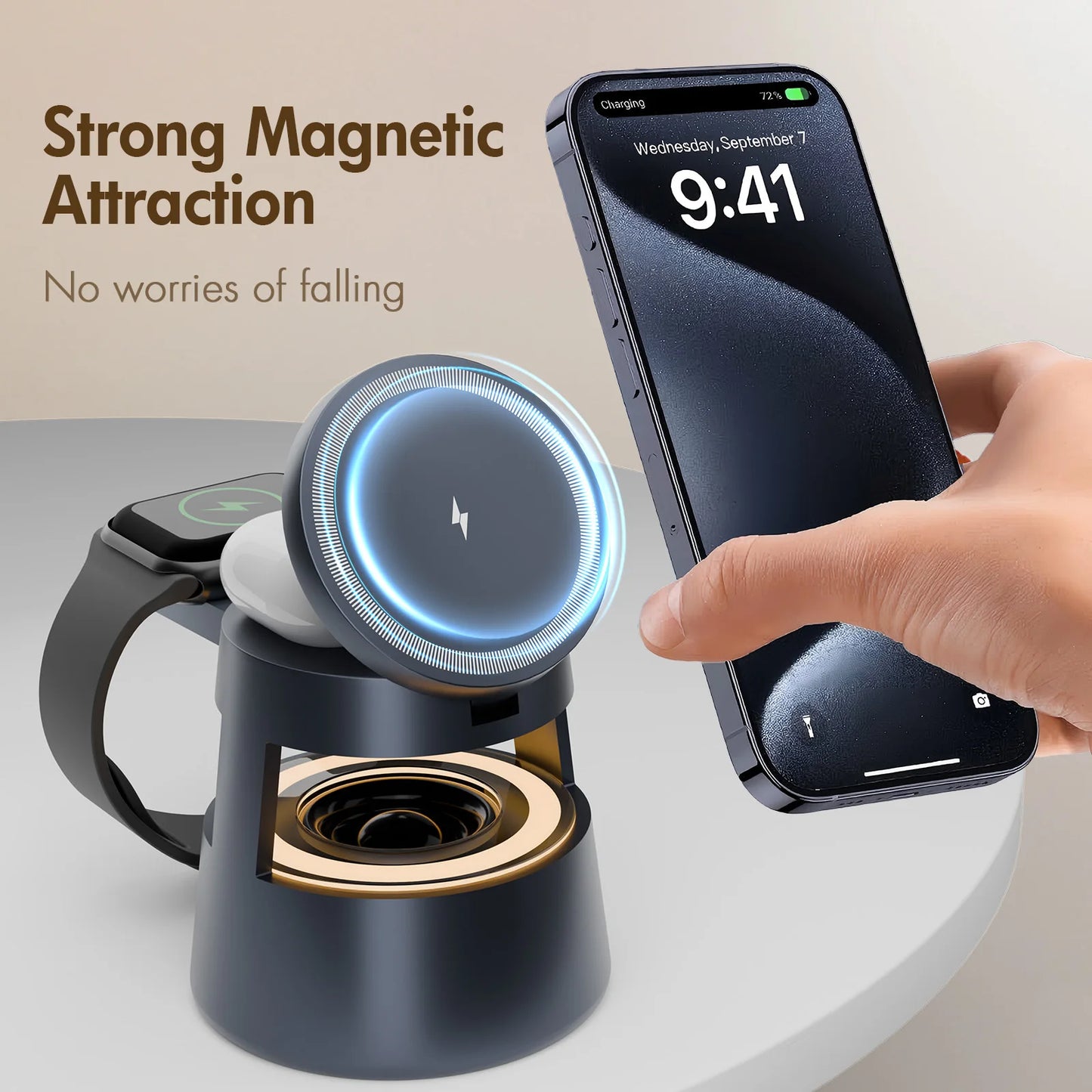 4 in 1 Wireless Charging Station Magnetic 15W Fast Charger Foldable LED Lights for iPhone 17 16 15 14 13 12 Series Airpods Apple