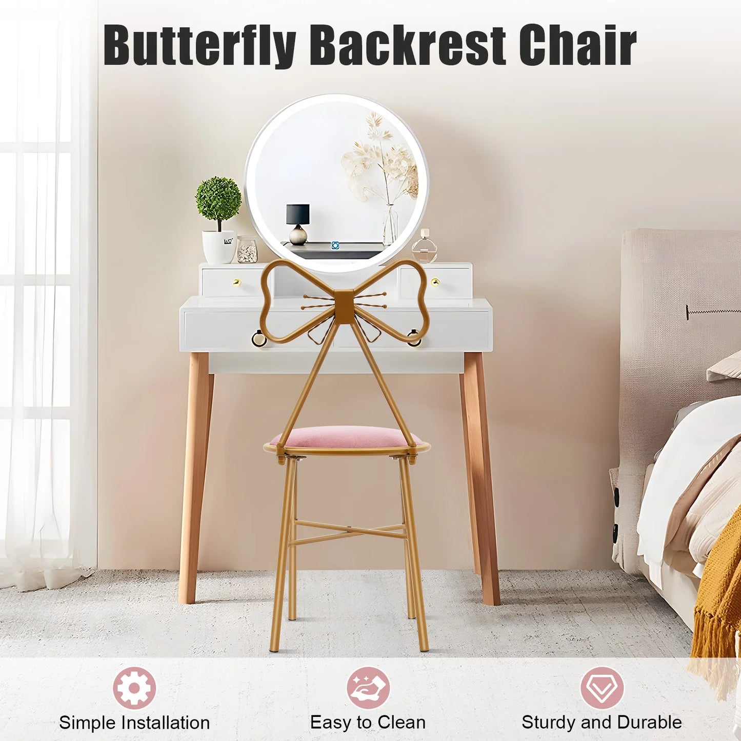 Butterfly Backrest Chair Pink Butterfly Dinning Chair Metal Makeup Stool Vanity Chair Home Furniture for Living Room Bedroom