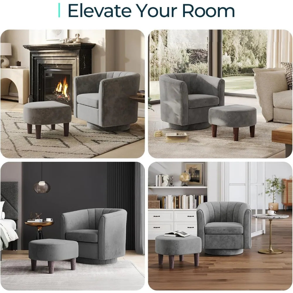 Swivel Accent Chair Ottoman Set: Velvet Small Barrel Chair with Foot Rest, Modern Reading Chair Upholstered Armchair