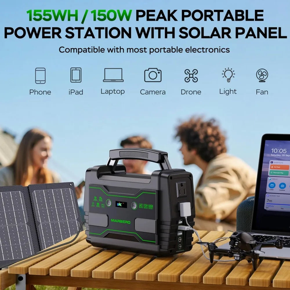 155Wh Solar Generator with 30W Panel, Portable Power Station, 2 AC Outlets, QC3.0 USB, UL Certified for Camping & Travel