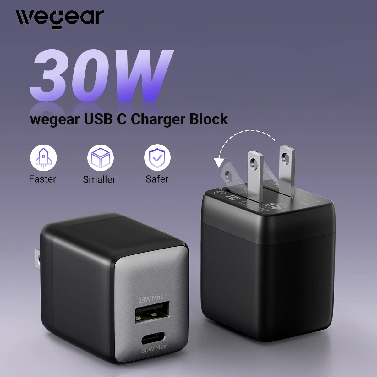 wegear USB C Fast Charging Charger 30W Dual-Port GaN Nano Charge Foldable Plug for iPhone 16/15 iPad for Galaxy S24 Ultra