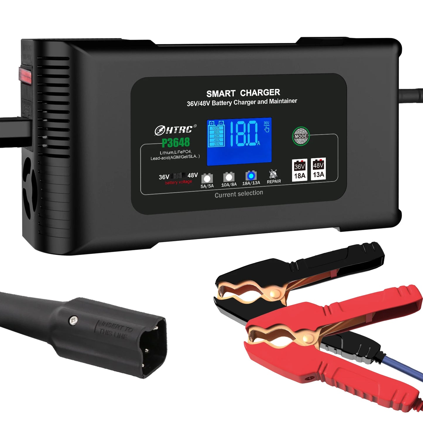 HTRC 36V/18A Golf Cart Battery Charger 48V/13A for EZ-GO RXV TXT Club Car Yamaha AGM LiFePO4 PB Lithium Lead Acid Battery Repair