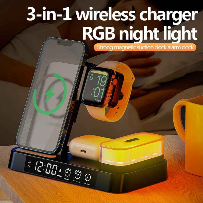 Multi-Function White Wireless Charging Dock with Time Display Alarm Clock And Nightlight Wireless Charger for Samsung Phones